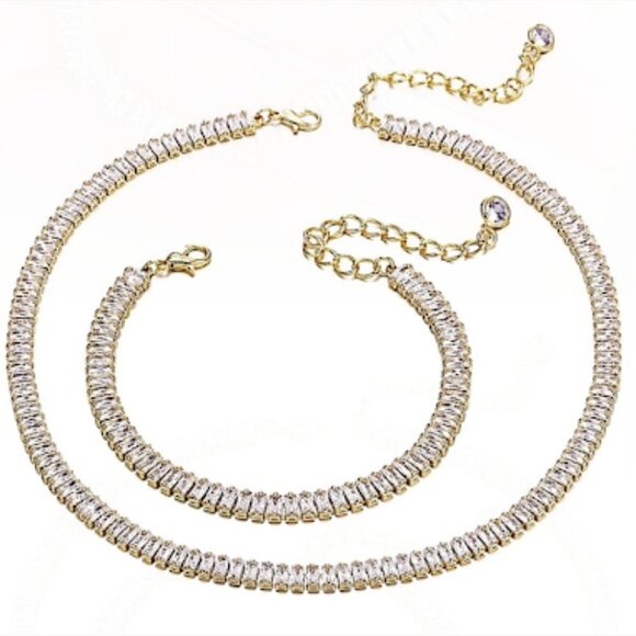 18K GOLD PLATED CRYSTAL CHOKER NECKLACE BRACELET SET - Picture 5 of 9
